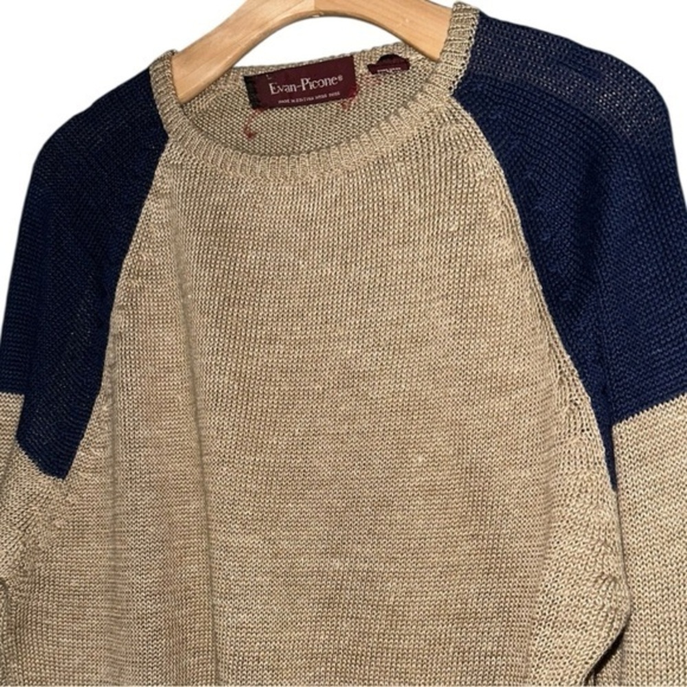 Evan Picone Vintage Men’s Size L Tan Navy Blue Color Block Loose Knit Sweater
